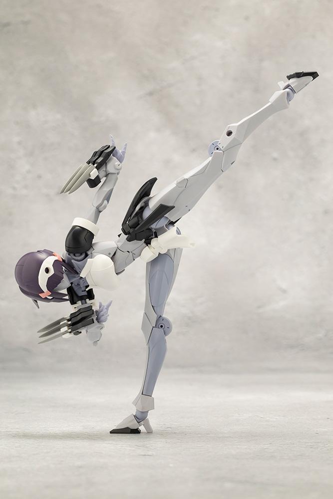 Side view showcasing superior leg articulation with Kotobukiya Megalomaria Novice executing a vertical high kick.