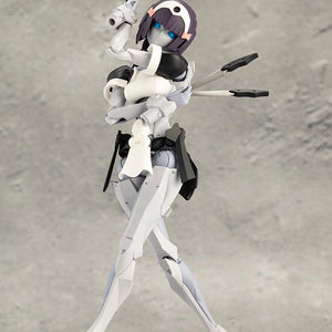 Kotobukiya Megalomaria Novice model kit standing in an elegant crossed-arms pose holding multiple throwing knives.