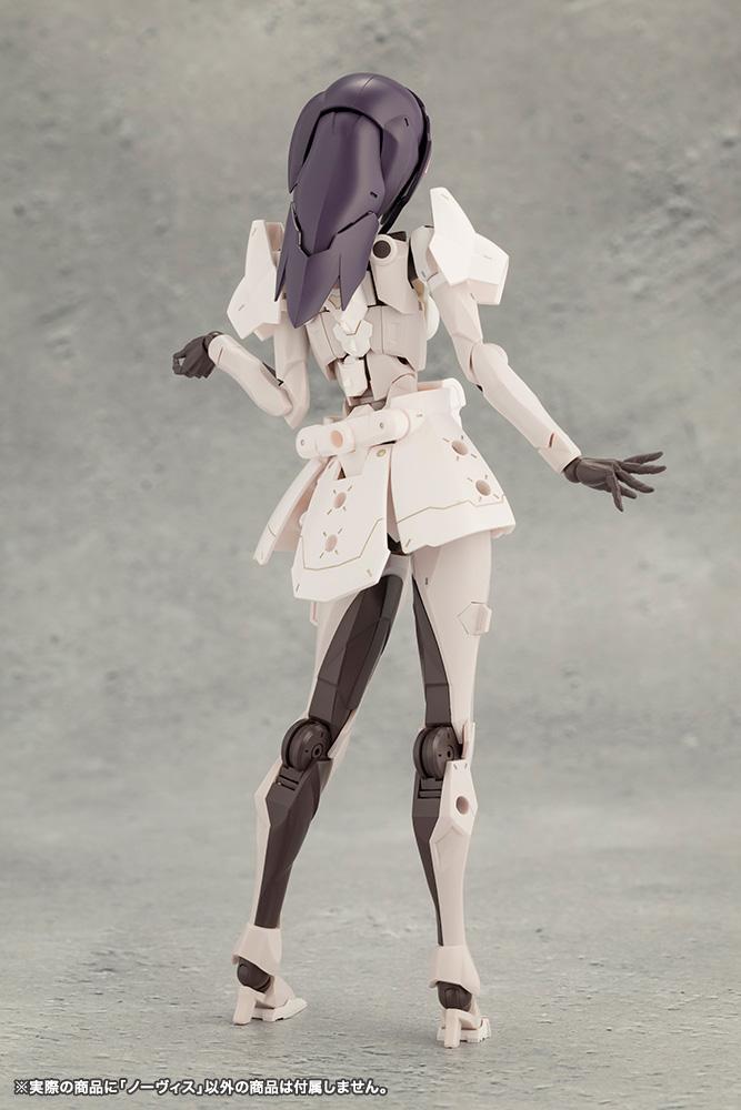 Back view of Kotobukiya Megalomaria Novice equipped with customized nurse skirt armor and shoulder pads.