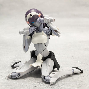 Kotobukiya Megalomaria Novice model kit in a cute kneeling seated pose with hand touching her robotic visor face.