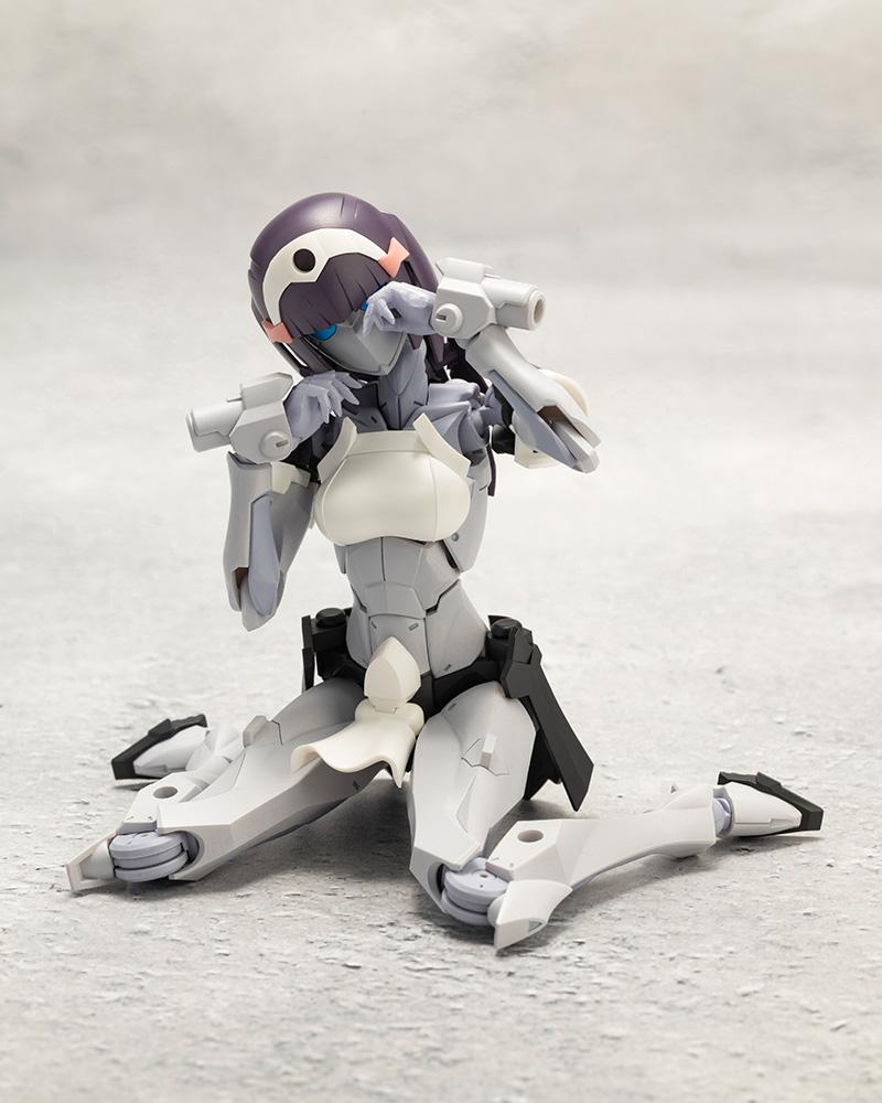 Kotobukiya Megalomaria Novice model kit in a cute kneeling seated pose with hand touching her robotic visor face.