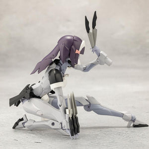 Side profile of Kotobukiya Megalomaria Novice in a grounded tactical crouch holding knife accessories.