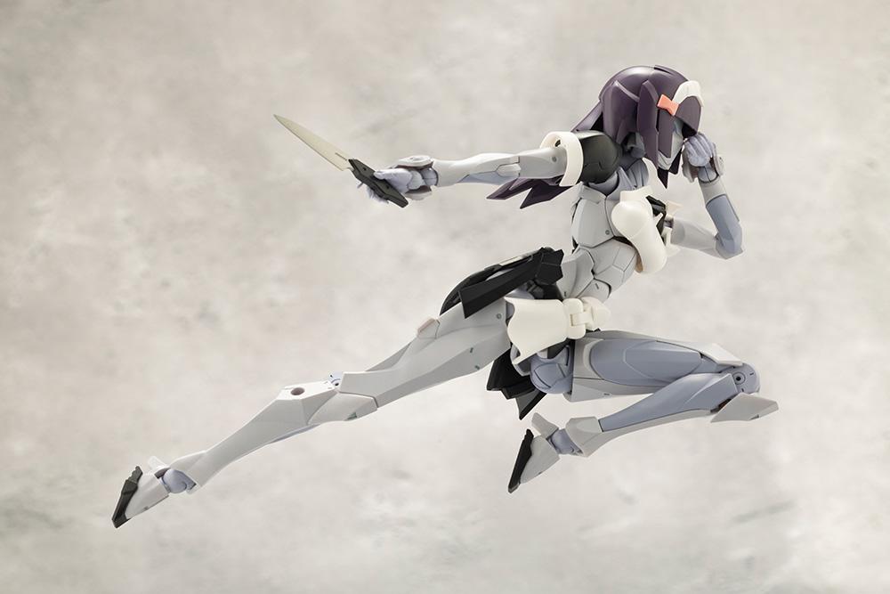Kotobukiya Megalomaria Novice model kit in an airborne forward dashing action pose thrusting a combat knife.
