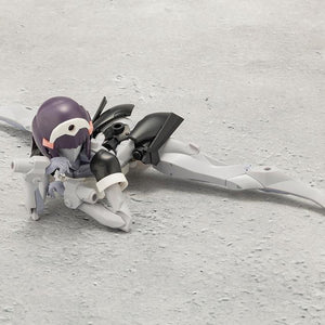 Kotobukiya Megalomaria Novice model kit demonstrating extreme hip and leg articulation in a full floor split pose.