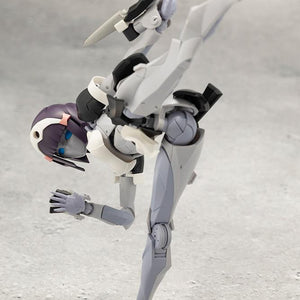 High-angle dynamic action view of Kotobukiya Megalomaria Novice model kit performing a balanced high kick pose.