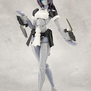 Full-body front view of assembled Kotobukiya Megalomaria Novice model kit in cute robot maid pose with knife accessories.