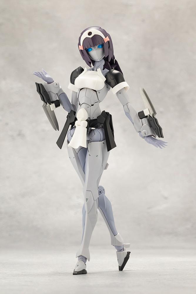 Full-body front view of assembled Kotobukiya Megalomaria Novice model kit in cute robot maid pose with knife accessories.