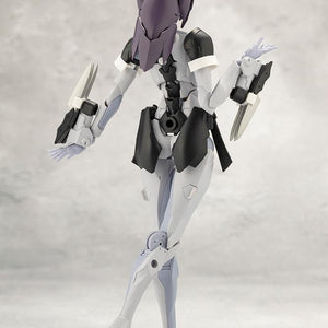 Rear back view of Kotobukiya Megalomaria Novice model kit showing long purple headpiece hair armor and rear waist details.