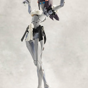 Graceful dancing pose of Kotobukiya Megalomaria Novice model kit wielding combat knives overhead.