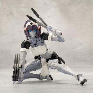 Kotobukiya Megalomaria Novice posable model kit in a low crouching three-point battle stance equipped with multiple hand knives.