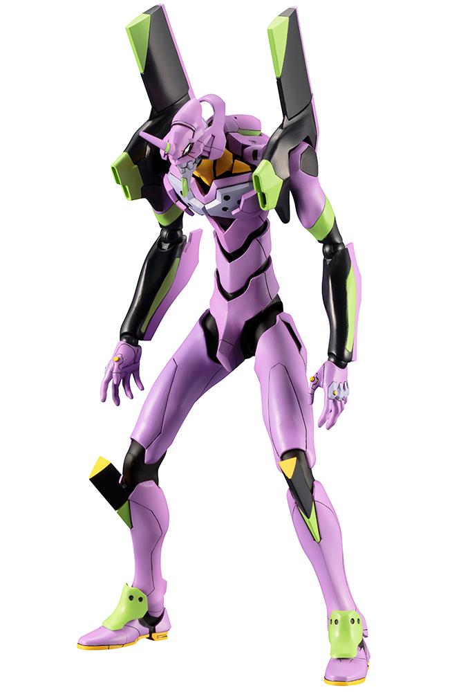 Full-body product studio shot of the completed Kotobukiya Neon Genesis Evangelion EVA-01 Test Type TV Version model kit on a plain white background.