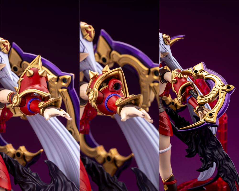 Three-panel detail shot showcasing hand parts swapping and weapon holding mechanics