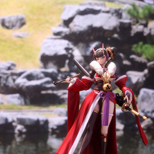 Outdoor diorama photo of Ornela in Normal Mode posing on a rock in a traditional Japanese garden pond