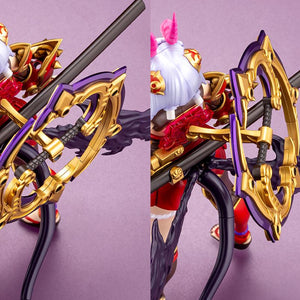 Two-panel close-up detail showcasing the mounting joint for the large circular ring weapon