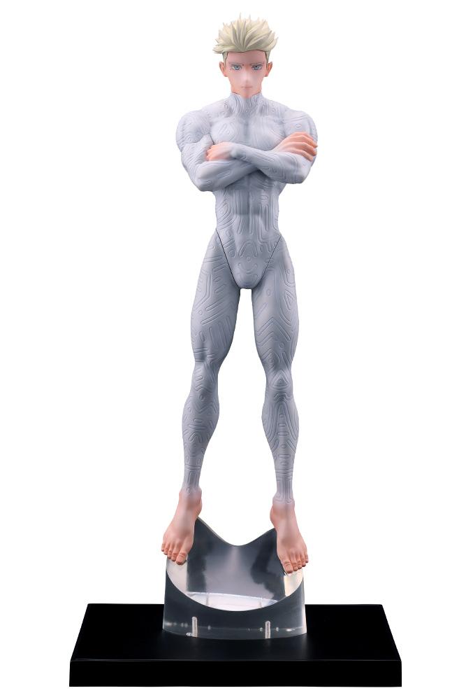 Kotobukiya Oshi Works Trigun Stampede Millions Knives figure in arms crossed floating pose on clear support stand with plain white background