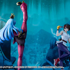 Kotobukiya Kula Diamond figure shown from behind facing a Mai Shiranui Bishoujo figure on an atmospheric winter backdrop.