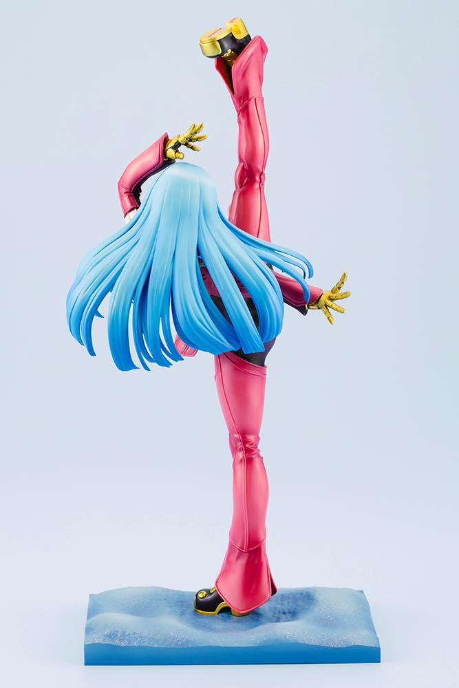 Full back view of the Kula Diamond statue focusing on her flowing blue hair and the detailed sculpting of her jumpsuit boots.