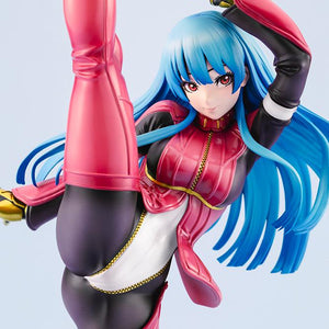 Close-up portrait view of the Kula Diamond anime statue highlighting her face sculpt, red eyes, and detailed gold-fingered gloves.