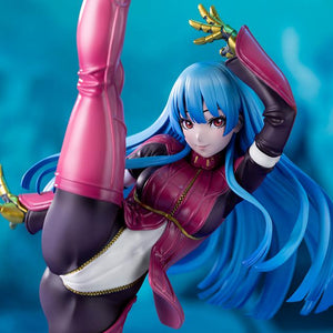 Close-up dynamic view of Kula Diamond Bishoujo statue with cinematic lighting emphasizing her hair and facial features against a blue background.