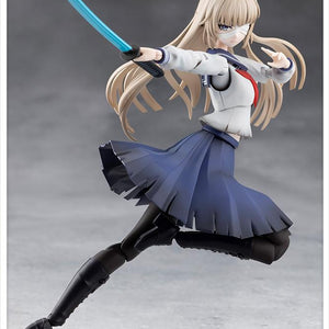 Dynamic mid-air jumping action pose of the Kuon Yakushiji model kit brandishing a drawn Japanese sword with a metallic red blade.
