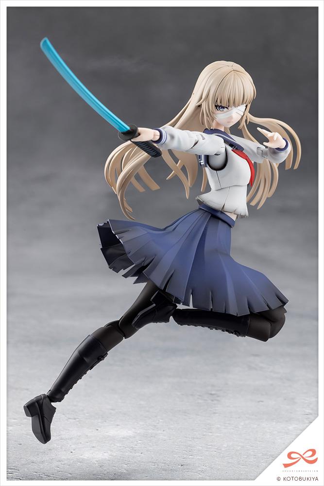 Dynamic mid-air jumping action pose of the Kuon Yakushiji model kit brandishing a drawn Japanese sword with a metallic red blade.