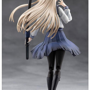 Rear view of the battle-damaged Kuon Yakushiji schoolgirl model kit focusing on the sculpted detail of her hair and torn pleated skirt.
