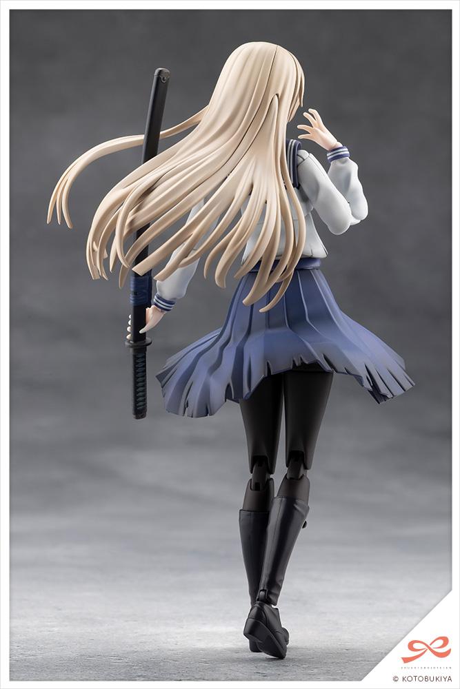 Rear view of the battle-damaged Kuon Yakushiji schoolgirl model kit focusing on the sculpted detail of her hair and torn pleated skirt.