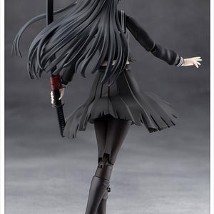 Full rear view of the black school uniform model kit highlighting her long black hair and frayed, torn pleated skirt details.