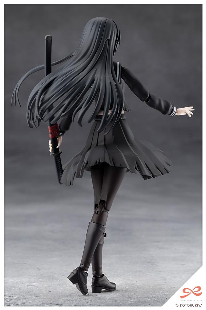 Full rear view of the black school uniform model kit highlighting her long black hair and frayed, torn pleated skirt details.