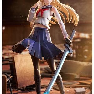 Fully assembled Kuon Yakushiji model kit with a drawn Japanese sword against a warm-toned, cinematic ruined background.