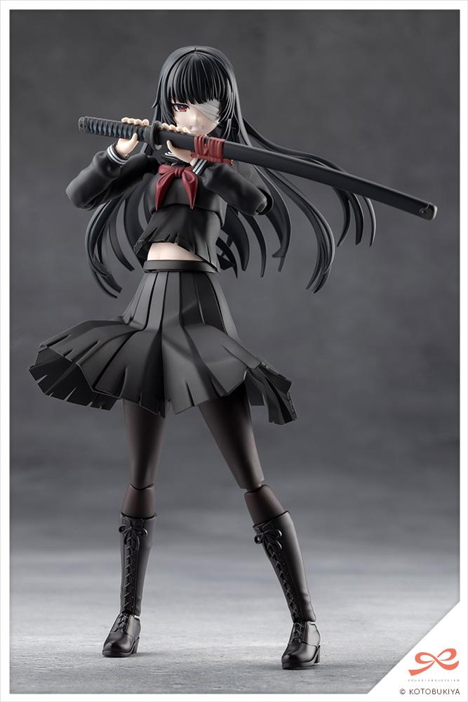 Mid-action pose of the battle-damaged schoolgirl figure variant preparing to unsheath her metallic red katana.