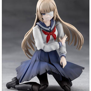 Kneeling dramatic pose of the battle-damaged schoolgirl anime figure clutching her arm with a pained expression.