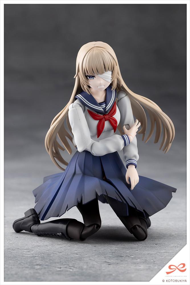 Kneeling dramatic pose of the battle-damaged schoolgirl anime figure clutching her arm with a pained expression.