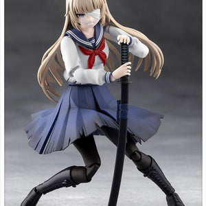 Dynamic action pose of the 1/10 scale model kit leaning on her sheathed Japanese sword in a defensive position.