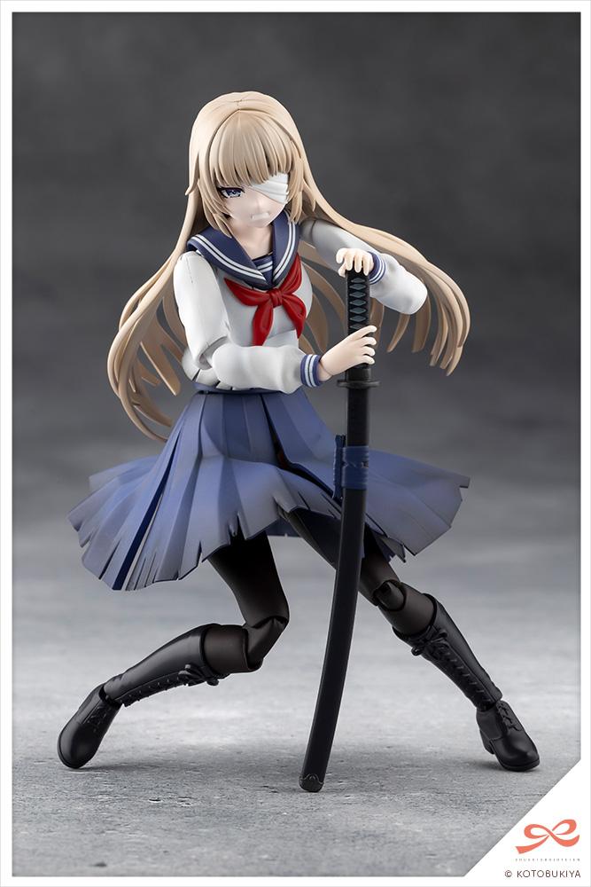 Dynamic action pose of the 1/10 scale model kit leaning on her sheathed Japanese sword in a defensive position.