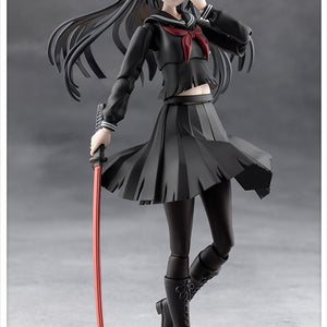 Full-length studio product shot of the black-clothed Kuon Yakushiji anime figure with bandages over her left eye.