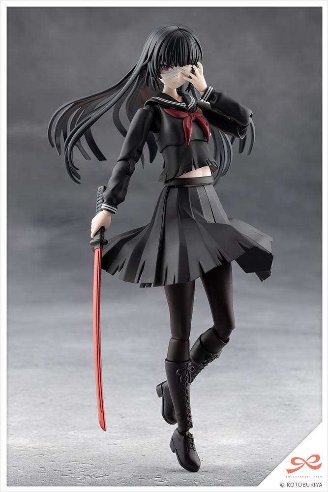 Full-length studio product shot of the black-clothed Kuon Yakushiji anime figure with bandages over her left eye.