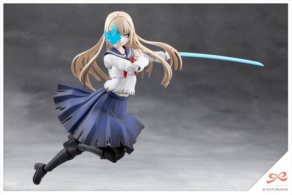 Full length horizontal shot of the Kuon Yakushiji figure executing a lunging sword attack with her clear blue eye effect piece attached.