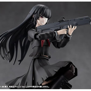Tactical action pose of the 1/10 scale black schoolgirl model kit aiming a dark gray assault rifle accessory with a red dot sight.