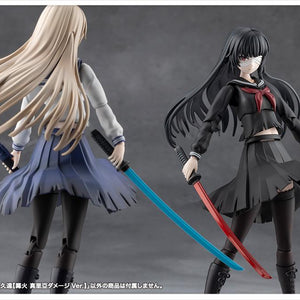 Comparison shot showing the back of the standard milk tea hair school uniform variant next to the front of the raven-black battle damage variant.