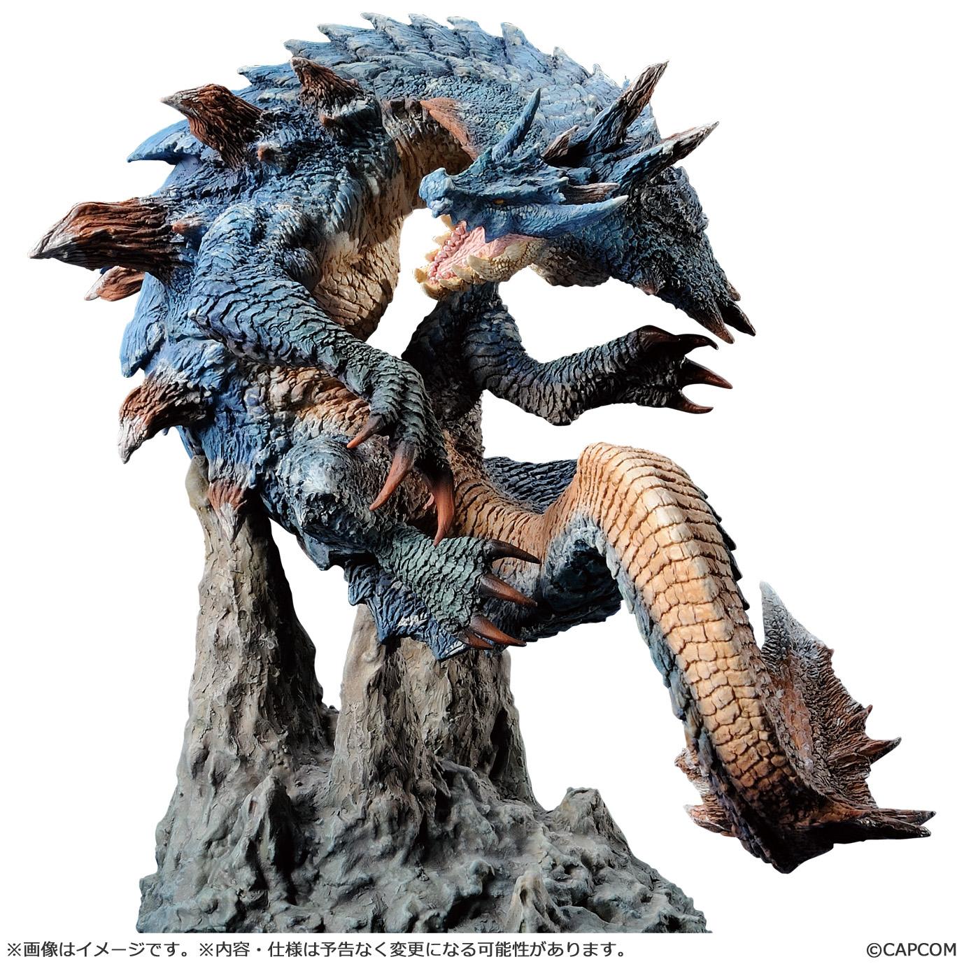 A detailed side view of the blue and tan Lagiacrus monster figure based on the Monster Hunter video games, showcasing its powerful, graceful movement.