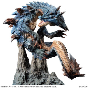 A detailed side view of the blue and tan Lagiacrus monster figure based on the Monster Hunter video games, showcasing its powerful, graceful movement.