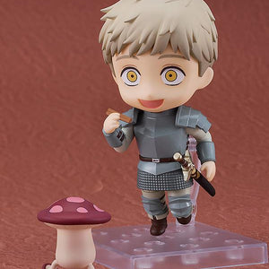 A happy smiling Laios Nendoroid holding chopsticks and chasing a walking mushroom for a dungeon meal.