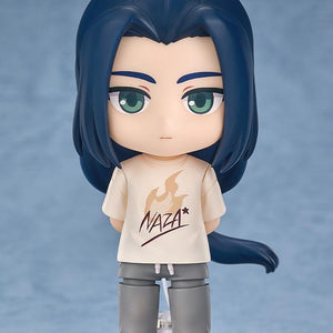 Front view of the Wuxian Nendoroid figure wearing a cream NAZA t-shirt and grey sweatpants standing on a clear display base.