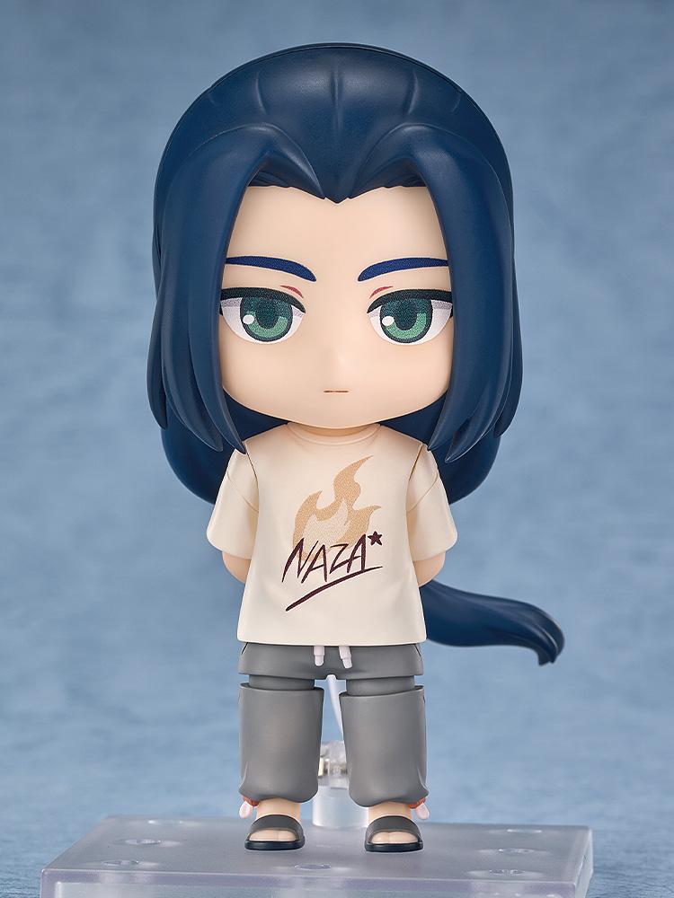 Front view of the Wuxian Nendoroid figure wearing a cream NAZA t-shirt and grey sweatpants standing on a clear display base.