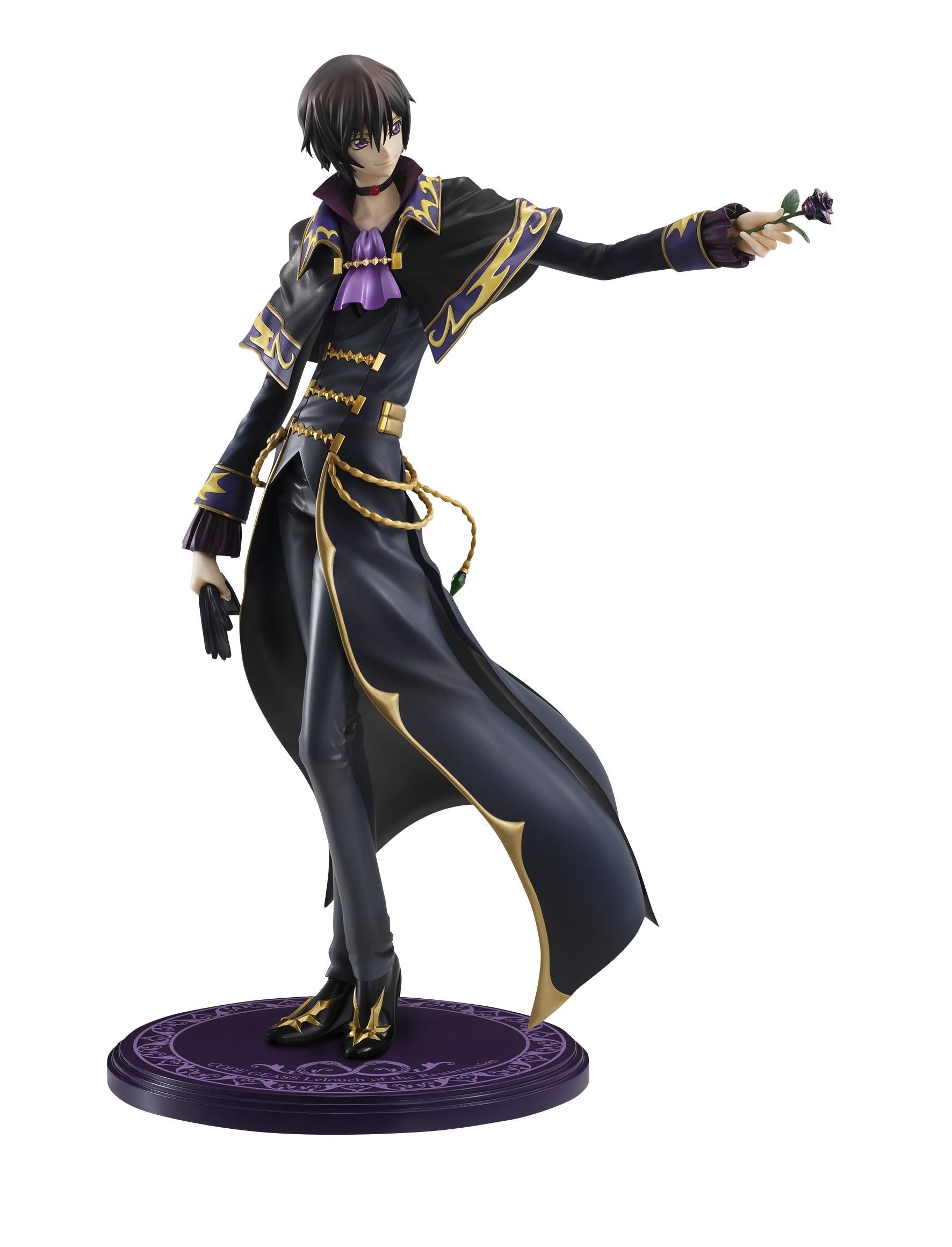 Full-body shot of the Lelouch figure on his individual purple display base holding a black rose.