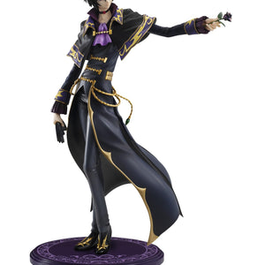 Full-body shot of the Lelouch figure on his individual purple display base holding a black rose.