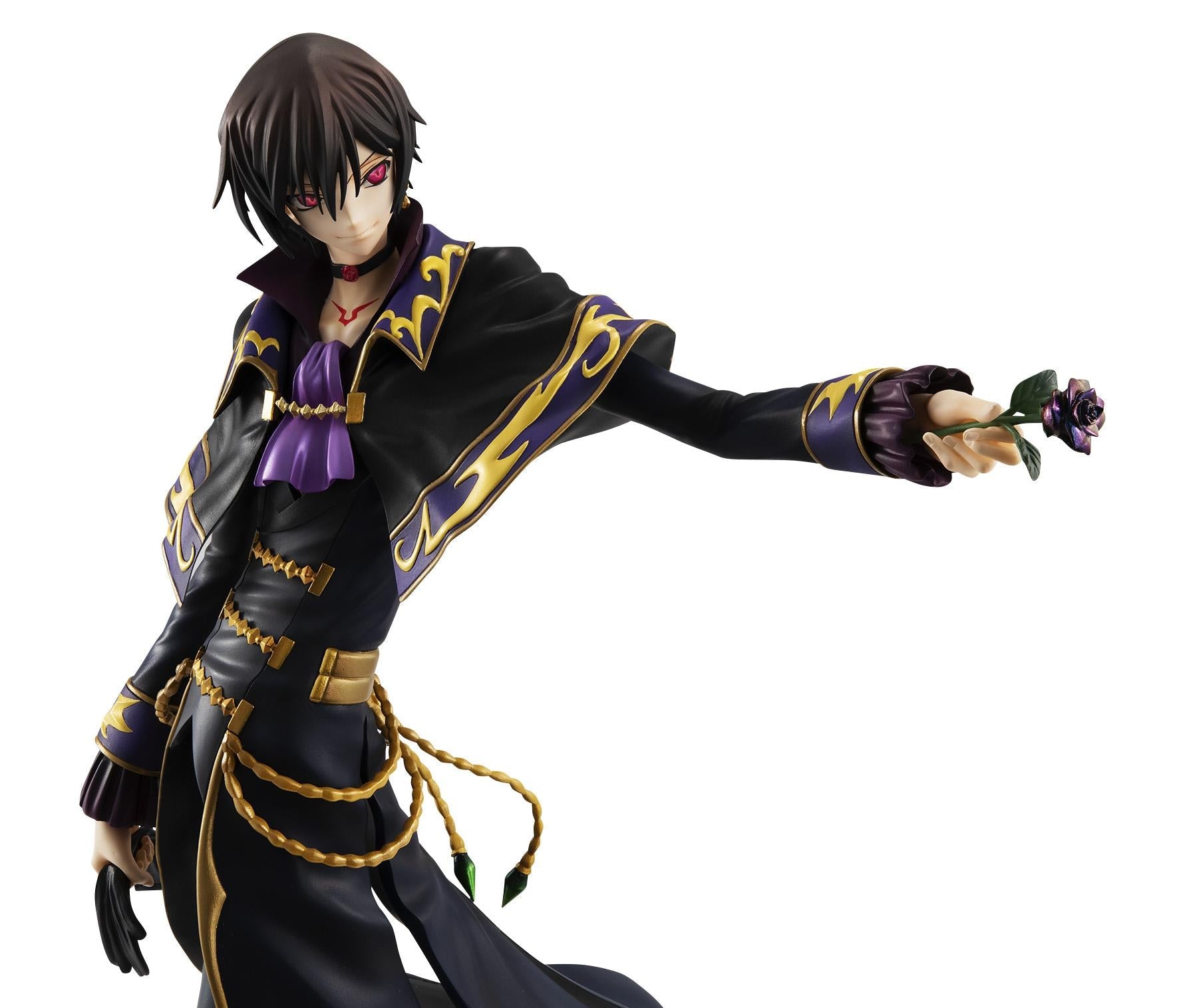 Close-up of the Lelouch figure with replacement parts showing Geass activation in both eyes and the red Geass mark on his chest.