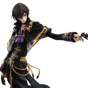 Close-up of the Lelouch figure with replacement parts showing Geass activation in both eyes and the red Geass mark on his chest.