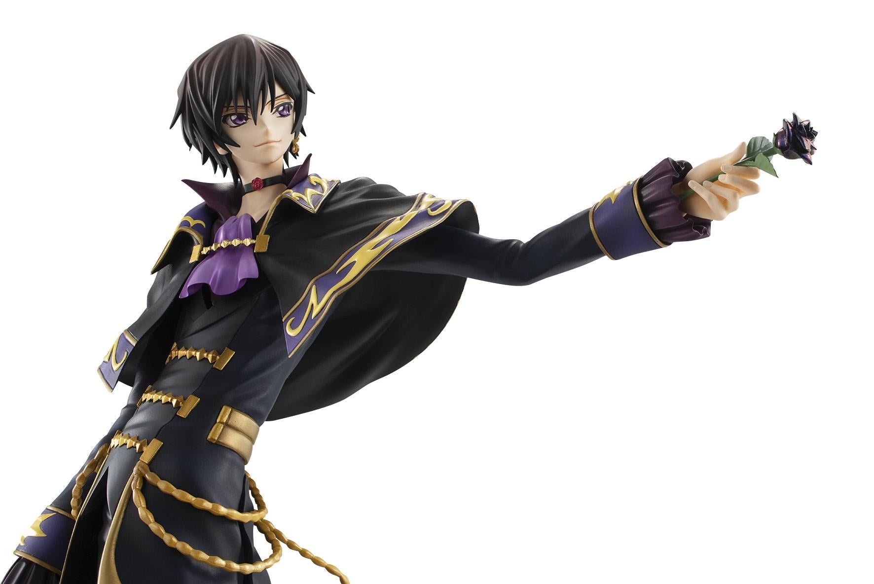 Close-up of Lelouch's face and upper body, showing the gold embroidery and purple cravat details.